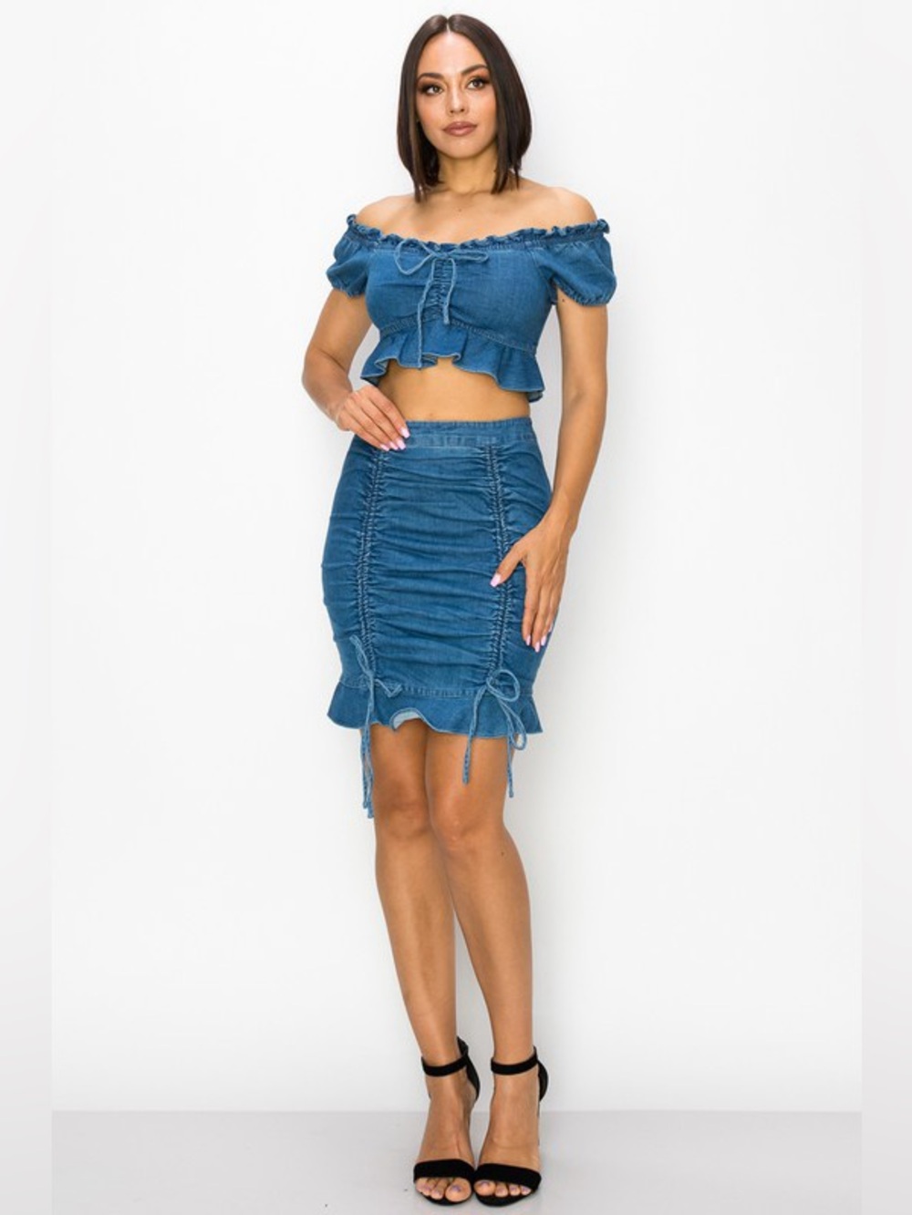 Blue Denim Ruched Drawstring Off-Shoulder Top and Mini Skirt Set